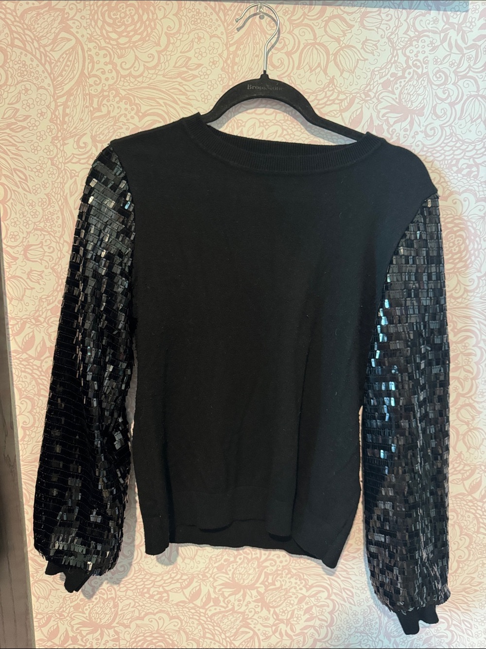 Women’s Black Knit Top with Sequin Long Sleeves